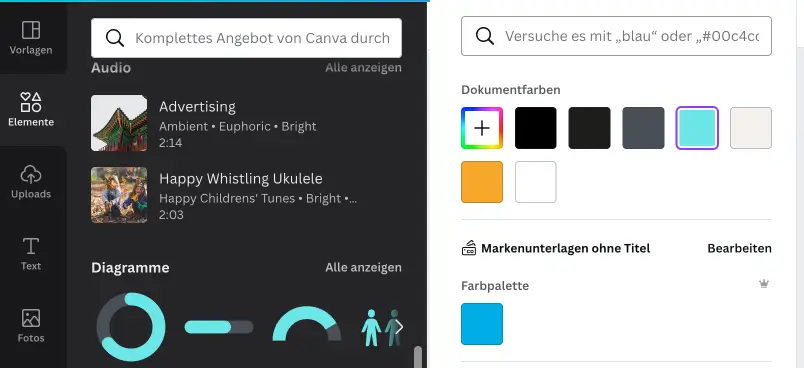 Links: Suche und Elemente, Rechts: Farb-Vorschläge (Canva)