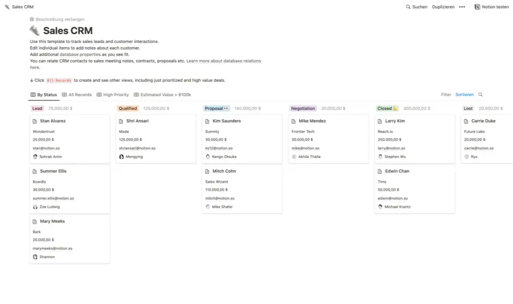 Notion Sales CRM System für kleine Unternehmen